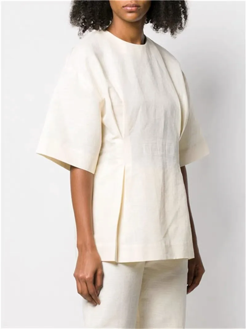 

Women Shirt Slim Waist Pleated Short Sleeve Or Casual Trousers