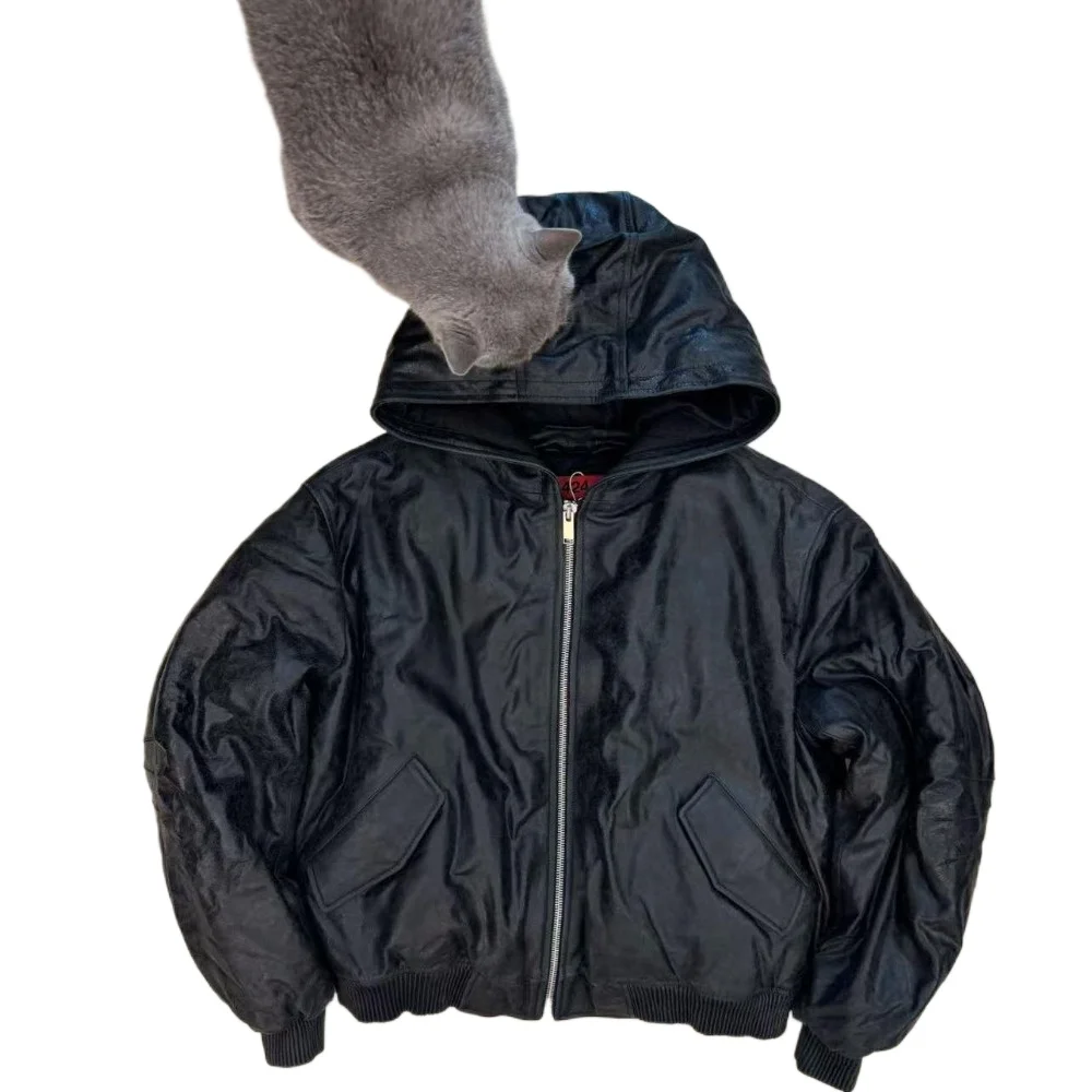 NIGO Мужская винтажная кожаная куртка-бомбер из потрескавшейся овчины с капюшоном