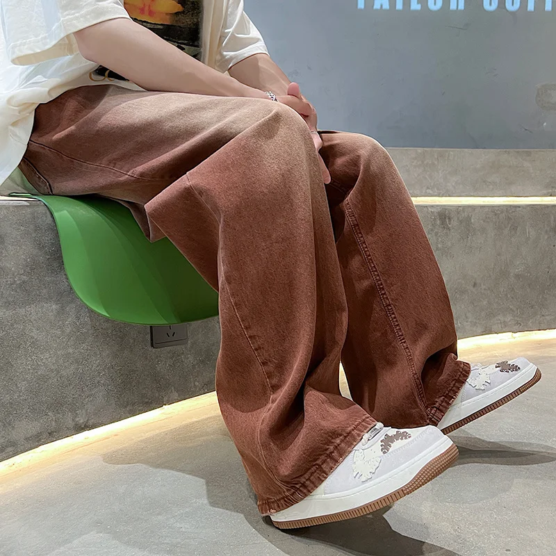 Summer Brown Baggy Jeans Men Fashion Retro Casual Wide Leg Jeans Men Streetwear Loose Hip Hop Straight Denim Pants Mens Trousers