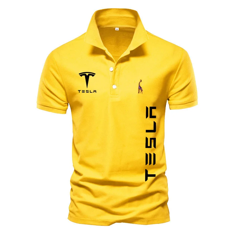 

New men's shirts casual polo shirts mens Tesla car logo print High quality t shirt for men Lapel 100% cotton men's polo shirt