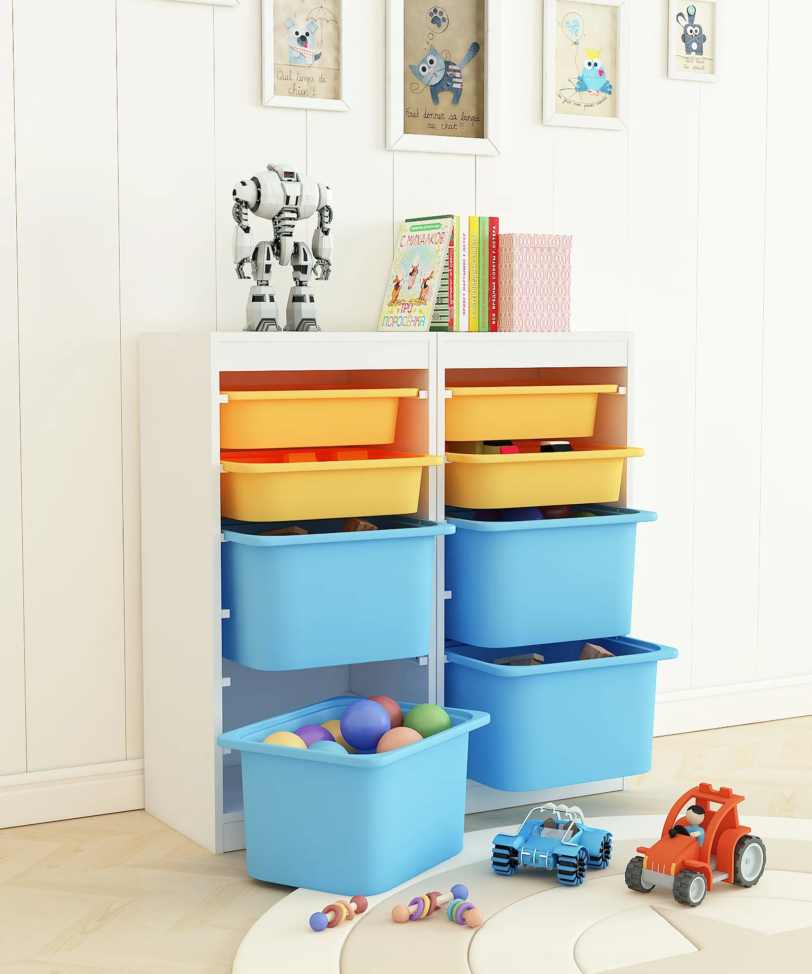 Стеллаж для игрушек, с ящиками. Детская сортировка. Детская сортировка. Развивающие игрушки. Красивая сортировка для детей.