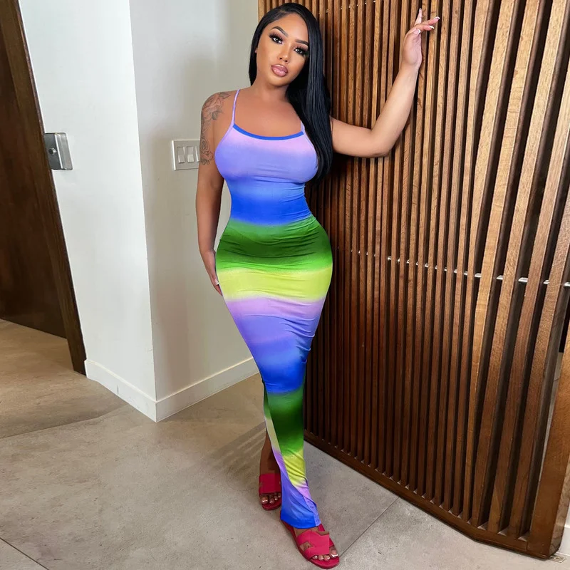 

WUHE Spaghetti Strap O-Neck Ankle-Length Maxi Dress Fashion Printing Vintage Woman Summer Backless Casual Street Maxi Dress