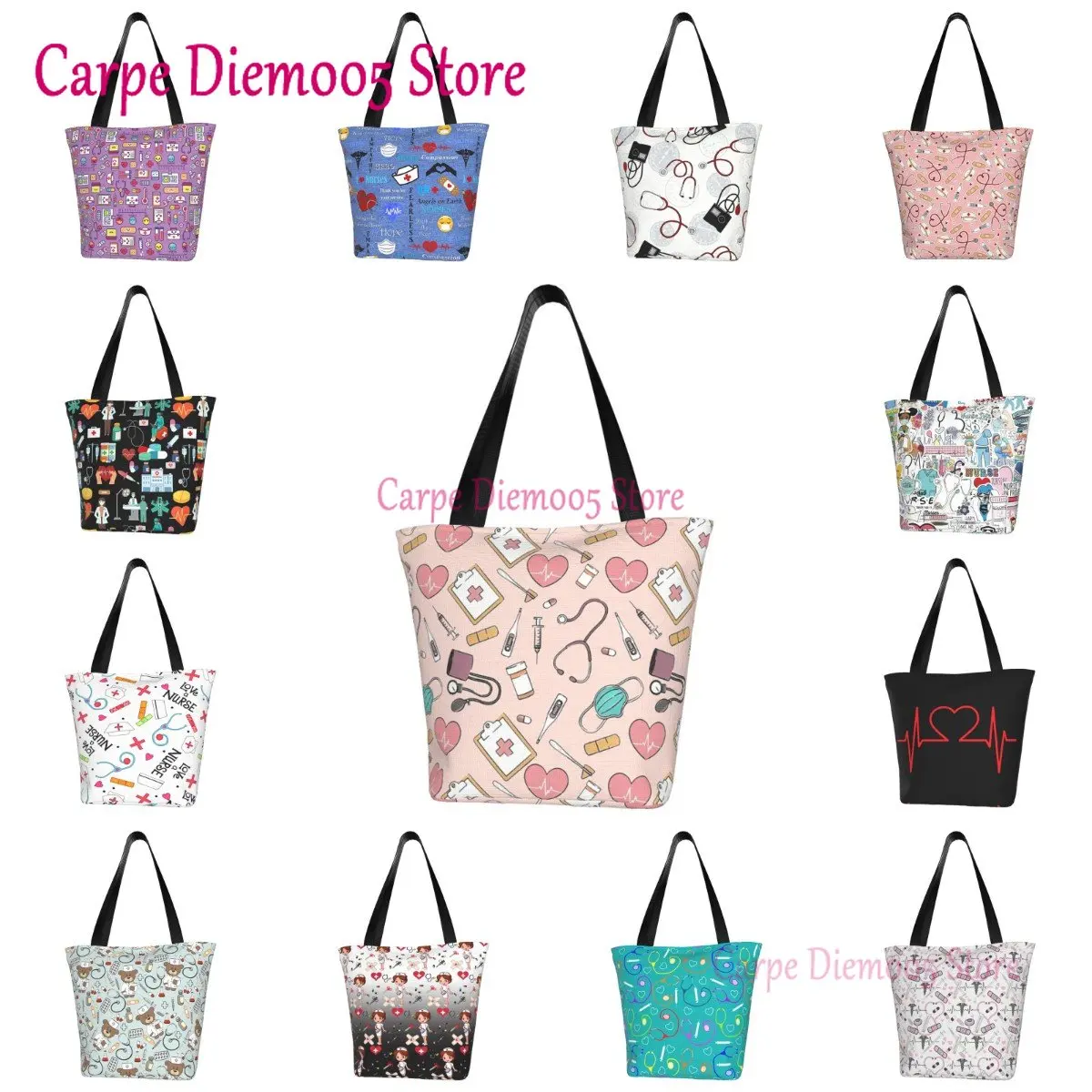 

Funny Nurse Pattern Shopping Canvas Bag Women Durable Grocery Shopper Tote Bags