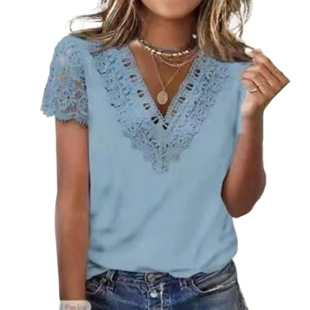 

Блузка женская однотонная с коротким рукавом, кружевная простроченная рубашка с V-образным вырезом, ажурная повседневная одежда, Свободный ...