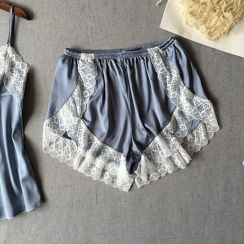 Women's Sleepwear 2 Pcs Sets Tops+Shorts Sexy White Lace Crossed Satin Sleeveless V-neck Pyjama Sets