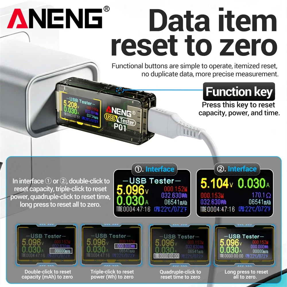 Фото Цифровой USB-тестер ANENG P01: Многофункциональный измеритель напряжения, тока и мощности постоянного тока (DC 4-30В), вольтметр, амперметр, измеритель емкости зарядного устройства №4