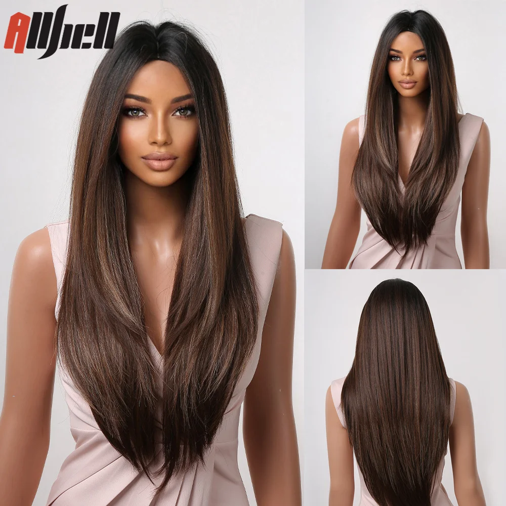 

Long Synthetic Wigs for Women Brown Natural Layered Straight Fake Hair Black Roots Middle Part Heat Resistant Wig Daily Party