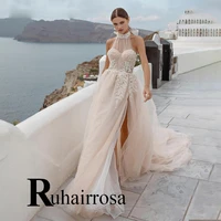 ruhair champagne halter bohemian wedding dresses flower illusion sexy slit scalloped made to order vestidos de novia brautmode