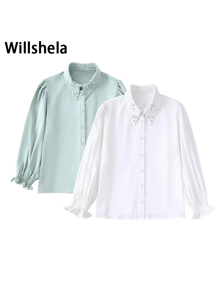 

Willshela Женская мода с бисером однотонная однобортная блузка Винтажная с длинными рукавами воротник с лацканами женские шикарные рубашки