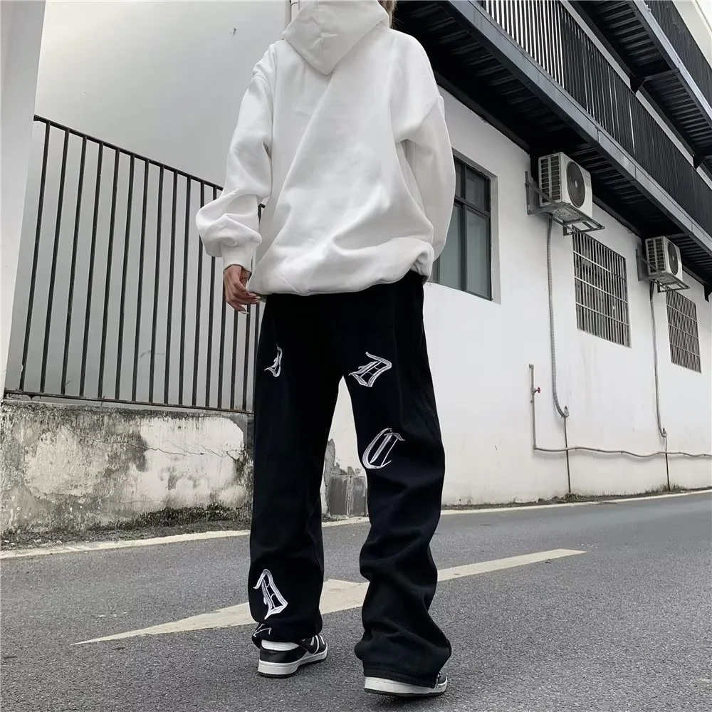 Ropa Embroidered Letters Streetwear Men Hip Hop Baggy Jeans Pants Y2K Clothes Straight Loose Zipper Cuffs Goth Denim Trousers