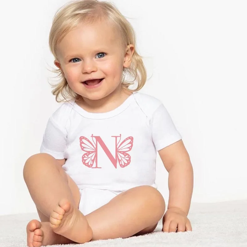 

Pink Butterfly Alphabet Baby Girl Shower Gift Baby Onesie Short Sleeve Summer Onesie Pregnancy Announcement Baby Bodysuits