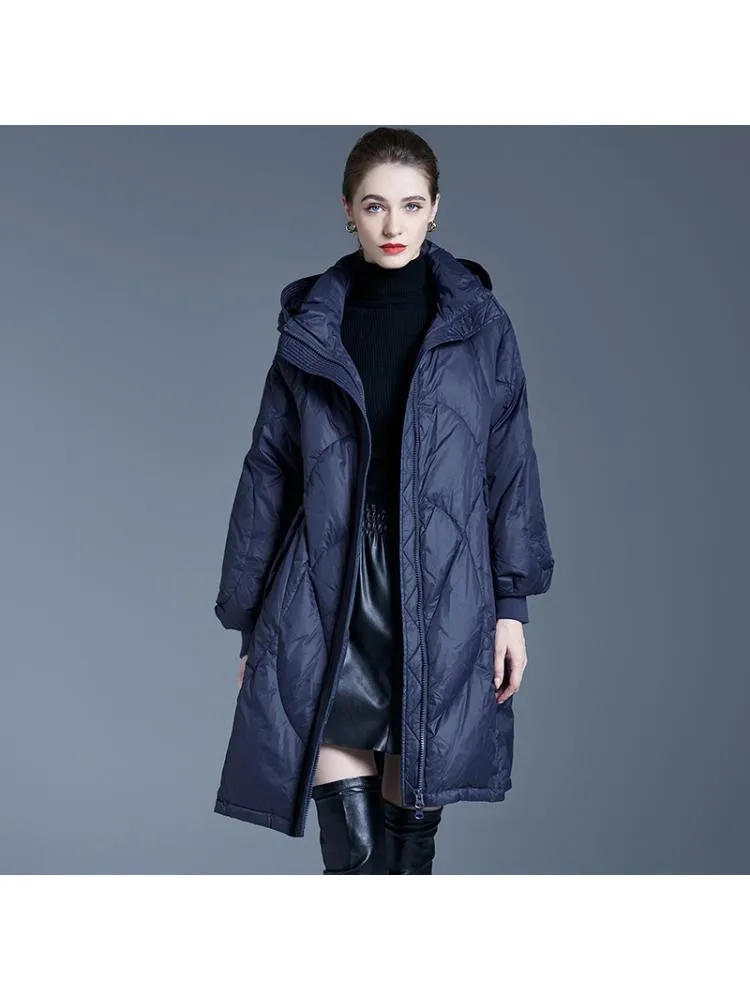 European And American 2022 Winter Hooded Padded Loose Fashion Long Thicked 90 White Down Coats Women Warmer Breasted Jackets