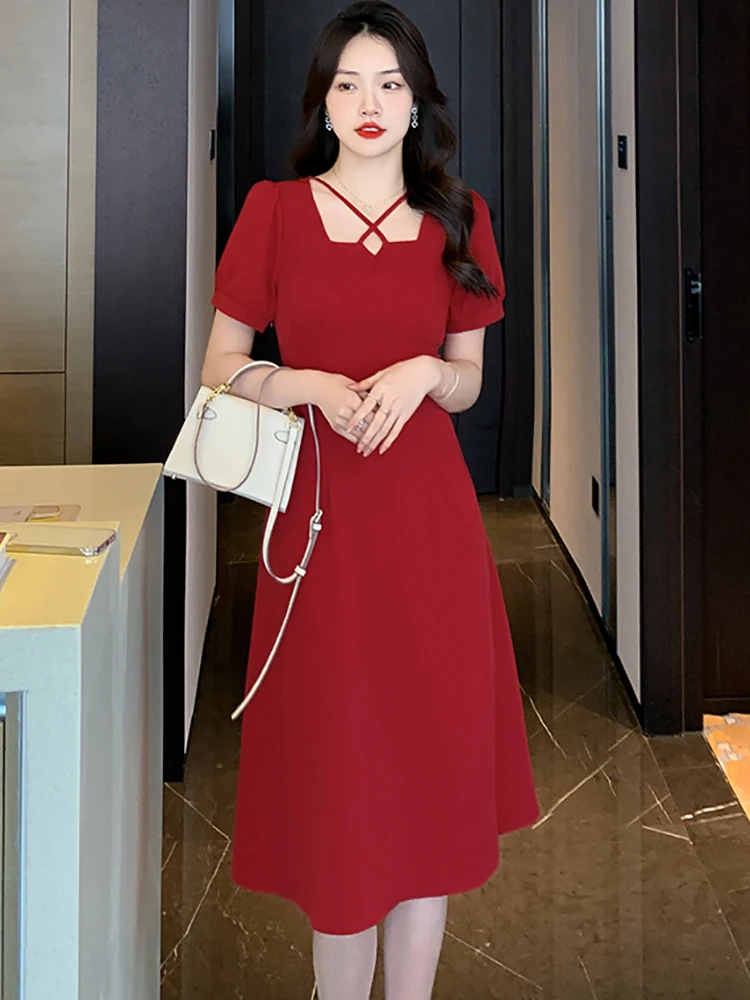 Красное шикарное Бандажное Привлекательное Женское платье миди с квадратным