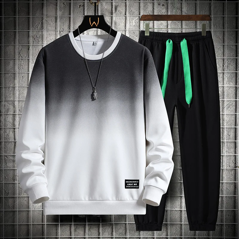 Mens Casual Gradient Sportwear Fashion 2 Piece Set Patchwork Sweatshirt + Pants Loose Tracksuit Men Spring Jogging Sport Suits