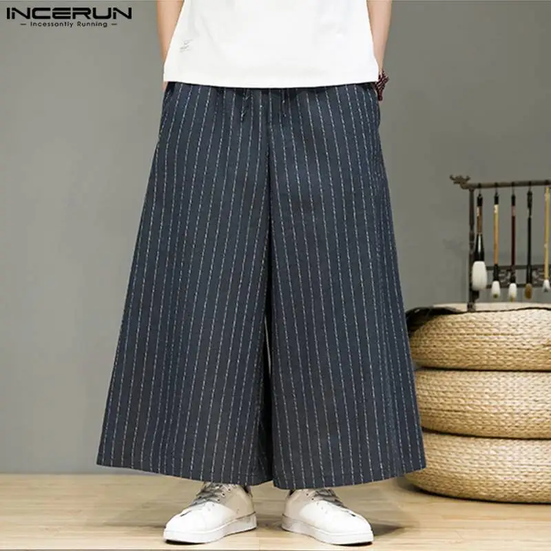 INCERUN Men Striped Pants Drawstring Joggers Loose Streetwear Wide Leg Trousers Men 2023 Pockets Vintage Casual Male Pants S-5XL