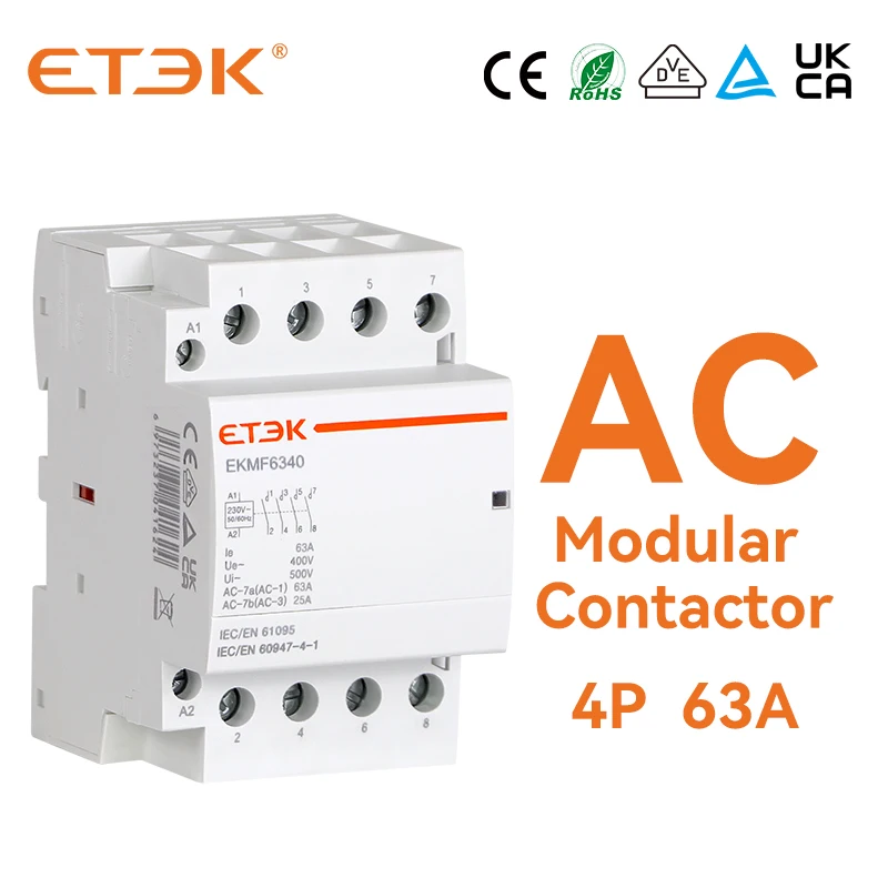 

ETEK Household AC Modular Contactor 380v Three Phase 4P 63A 4NO Coil Din Rail Type EKMF-6340-230