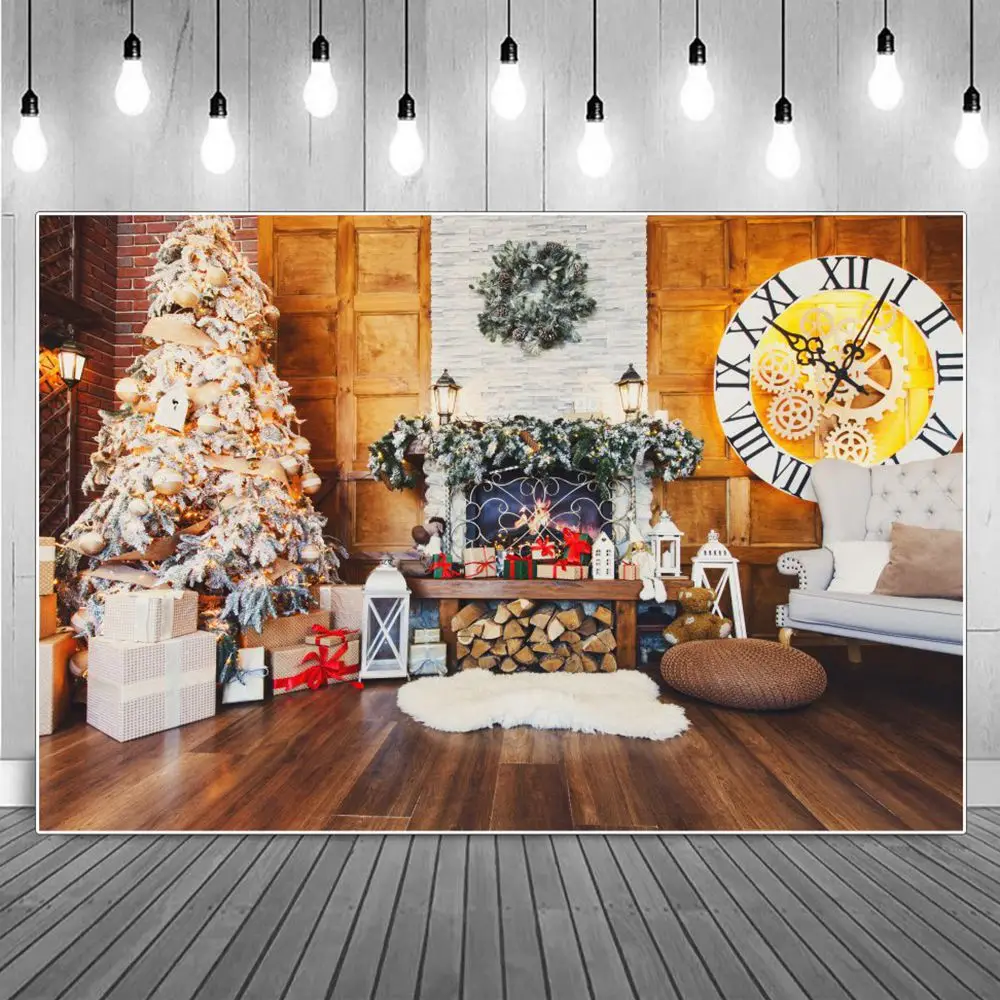 

Snow Light Tree Clock Christmas Marble Fireplace Photography Backdrop Children Wood Board Gifts Decoration Home Photo Background