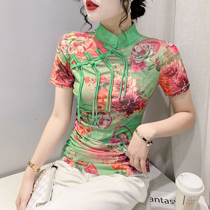 

Fashionable National Style Buttoned Mandarin Collar Short Sleeve Printed T-Shirt Women's Undershirt Mesh Ethnic Fashion New