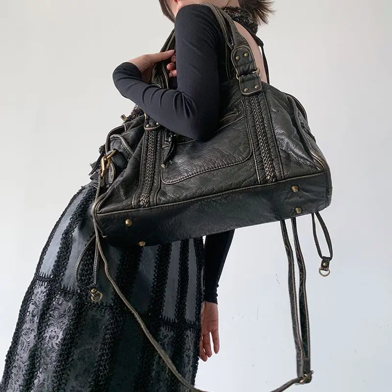 MBTI Black Washed Tote Bags for Women Vintage Distressed Soft Pu Leather Motorcycle Shoulder Bag Large Capacity Female Handbag