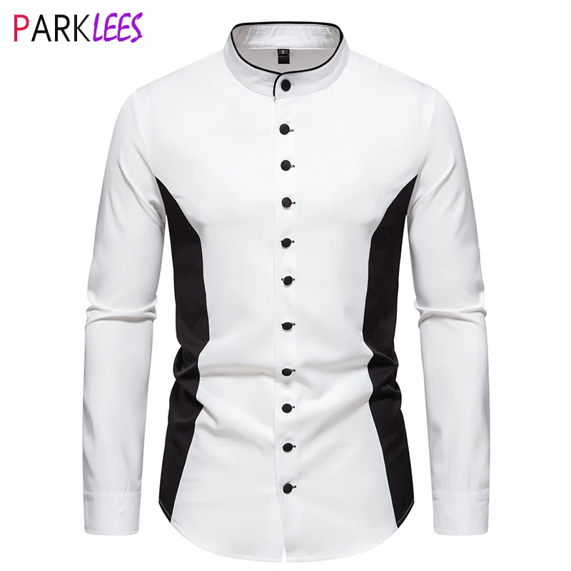 

Мужская рубашка с воротником мандарин, 2023 брендовая новая рубашка с длинными рукавами в стиле пэчворк, мужская деловая Повседневная рубашка-смокинг 2XL