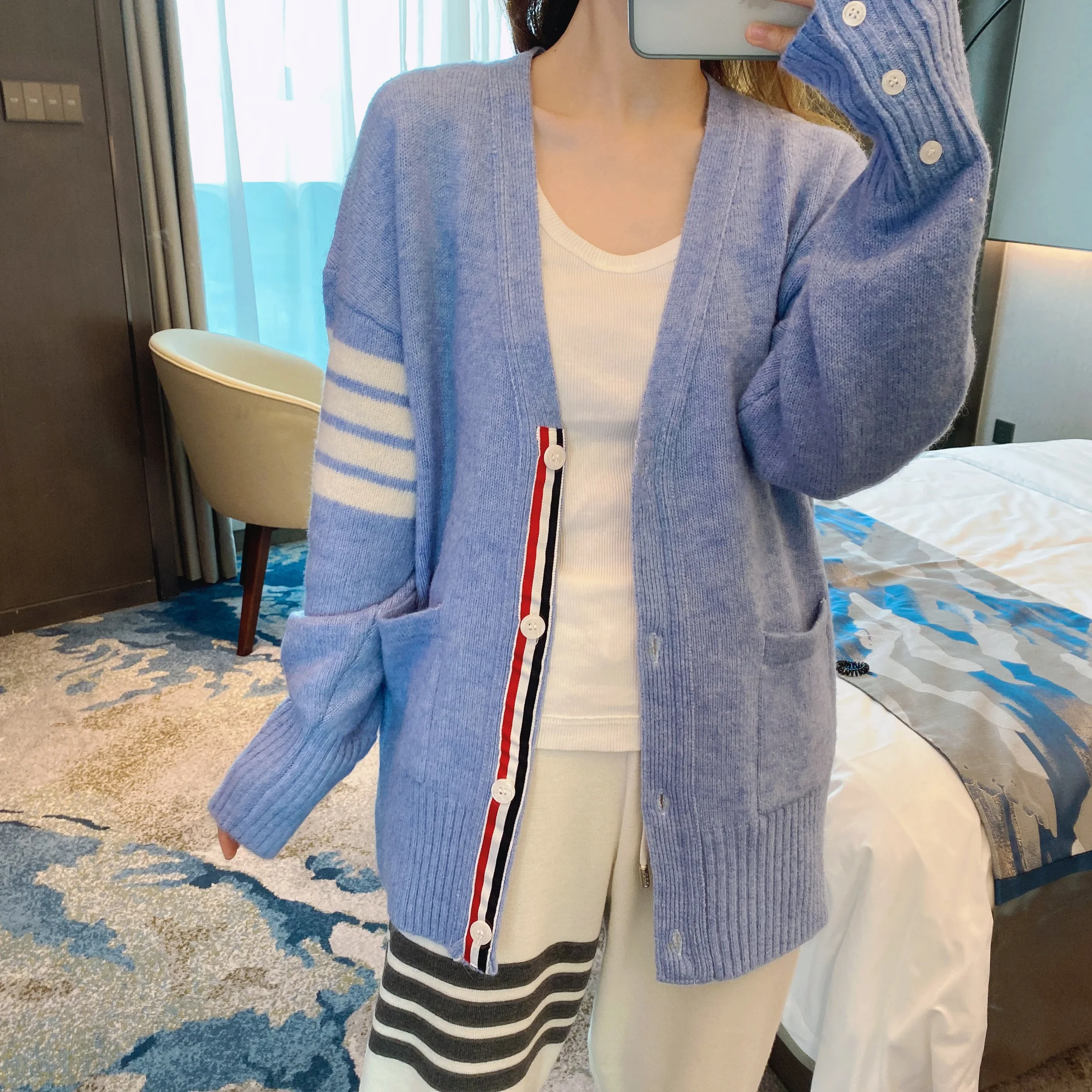 TB High Quality Korean Fashion Women's V-neck Autumn New Stripe Four Stripe Ins Sweater Cardigan Wool Knitting Coat