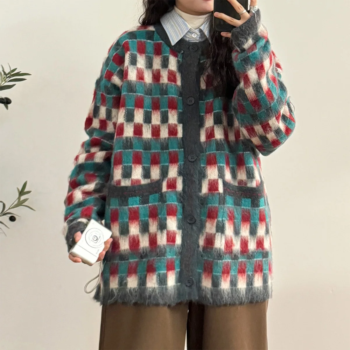 Uatonline2024 Осенне-зимний американский винтажный вязаный кардиган в клетку