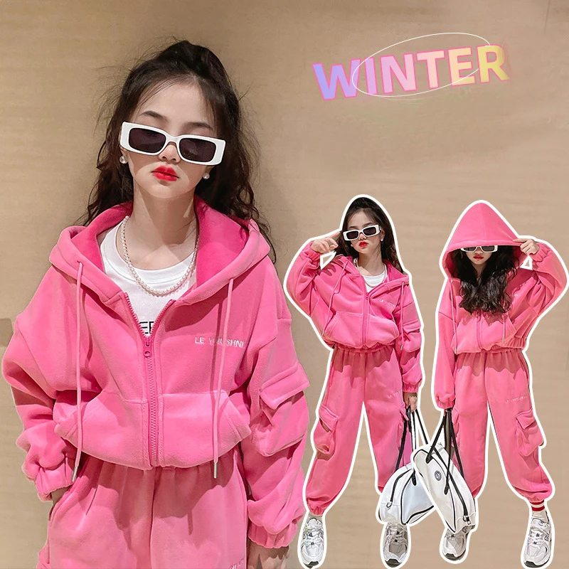 

Kids Girl Pink Fleece Outfit Clothes Set 8 10 years Hoodie Jogger Pants Warm Fashion Casual Girls Suits