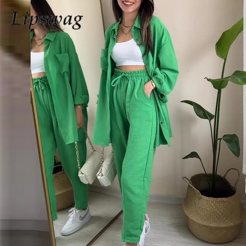 

Fashion Solid Turn-down Collar Two Piece Sets Women Casual Long Sleeve Blouse & Drawstring Pants Outfit Office Lady Elegant Suit
