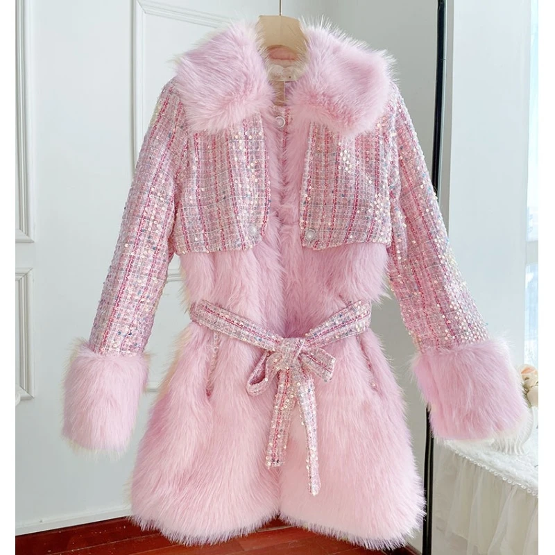 Autumn Winter Jacket Women 2022 Small Fragrance Spliced Sequins Beading Belt Thicken Mid Long Faux Fur Coat Famale Clothing Tops