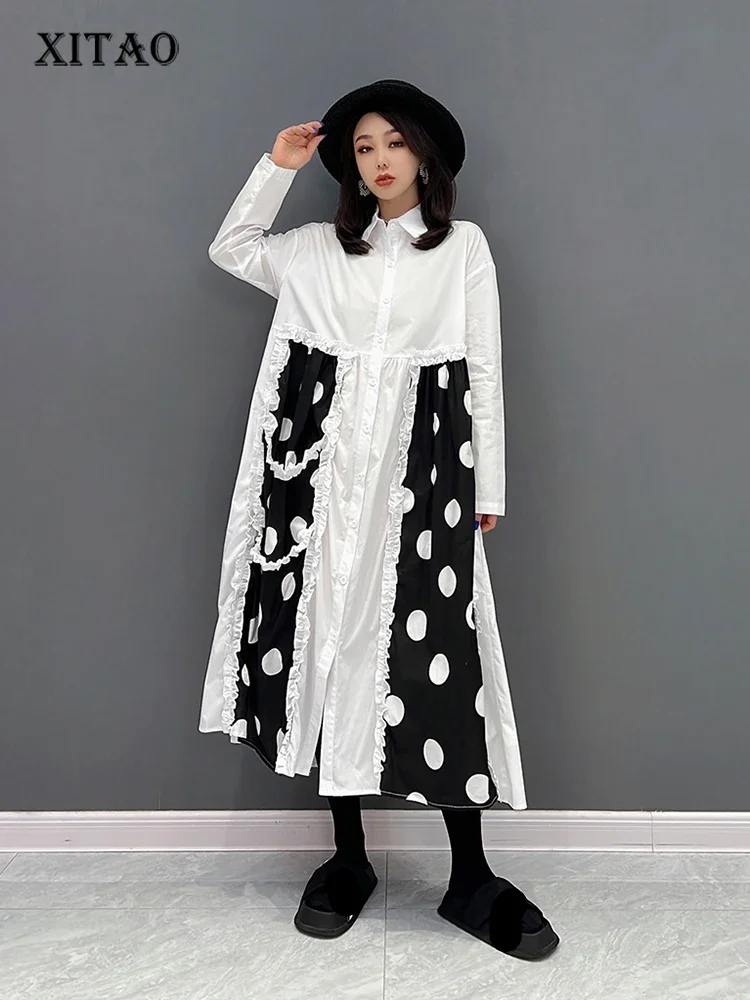 

XITAO Fashion Contrast Color Dot Shirt Dress Loose Simplicity Edible Tree Fungus Splicing Hem Autumn New Women Dress WLD8726