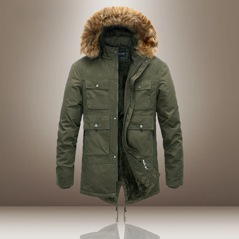 Thick Warm Men Jackets Cargo Multi-Pocket Outwear Outdoor Men's Winter Parkas Fleece Fur Collar Long Hooded Coat Windbreaker