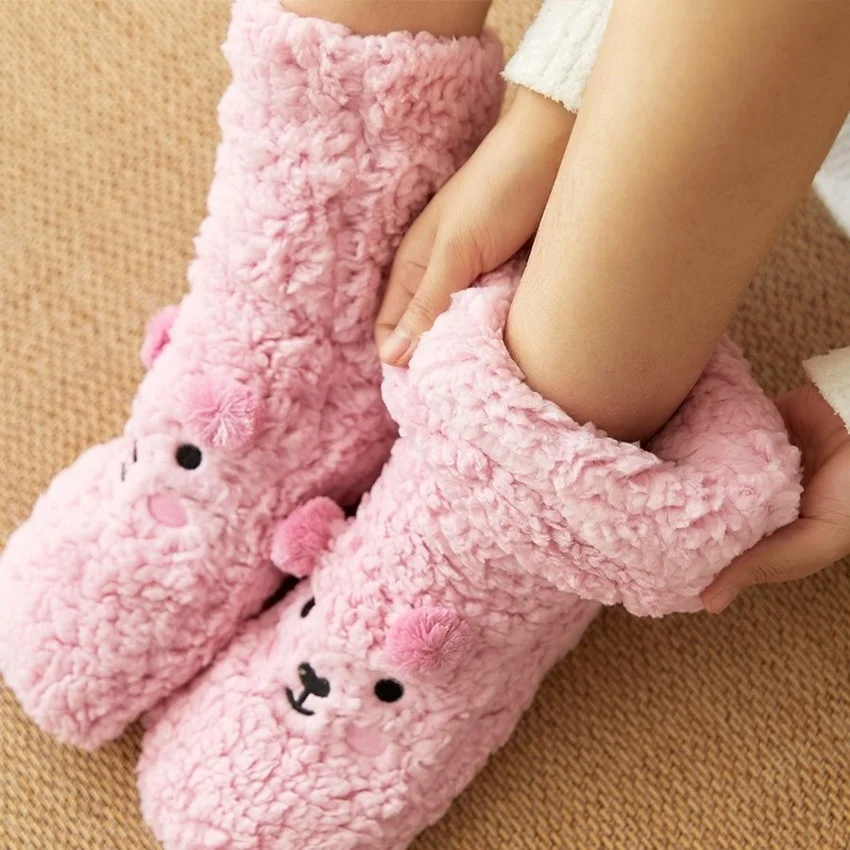 Fuzzy Socks Women Winter Warm Plush Soft Female Fluffy Silicone Anti Slip Non Kawaii Funny cute Bear Slippers Short Sock Casual