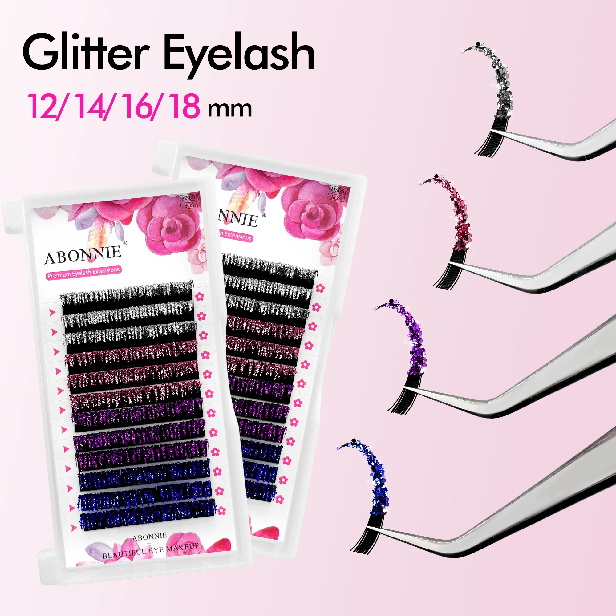 Фото Abonnie Glitter Colorful Eyelash Extensions 12-18mm Silver Pink Purple Blue Shine Color Eye Lashes Faux Mink Cilios №2