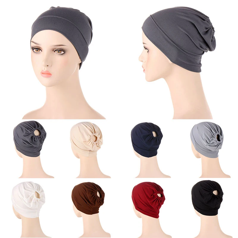 

2022 New Elastic Fashion Turban Hat Solid Color Women Warm Winter Headscarf Bonnet Inner Hijabs Cap Muslim Hijab femme Wrap Head