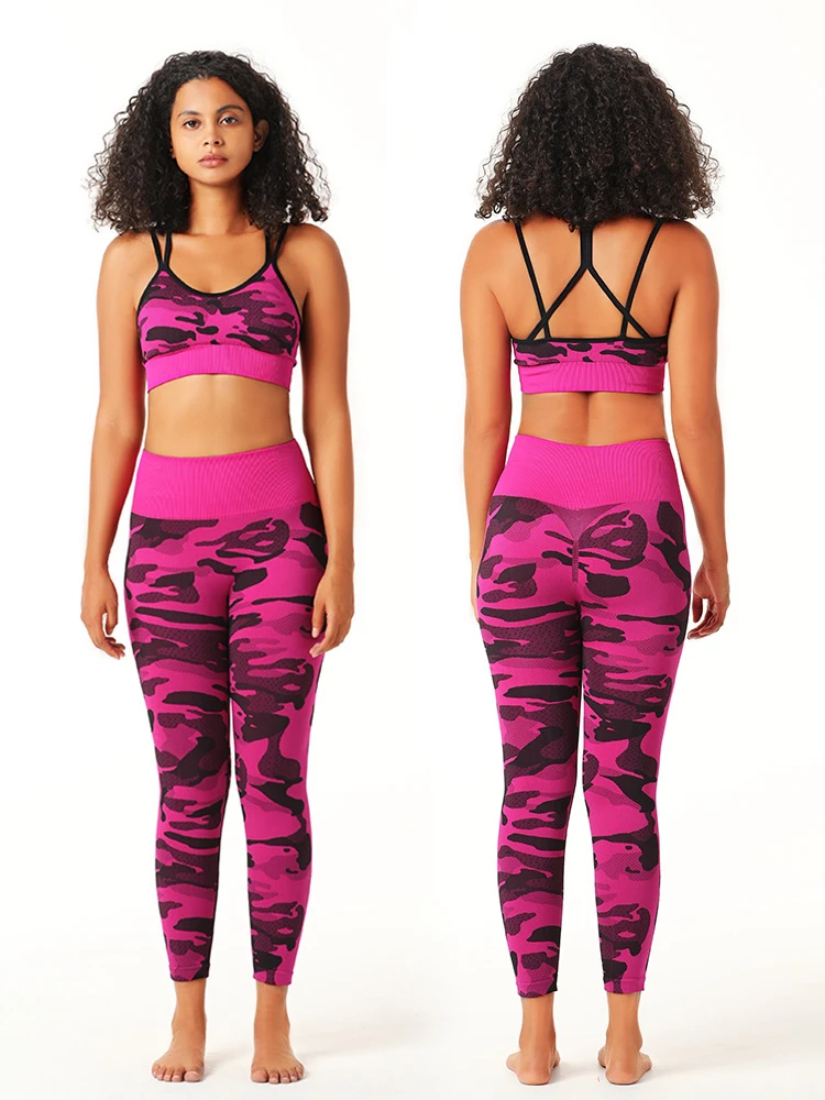 

Women's Tracksuit Fashion Sport Camouflage Suit Sexy Backless Gym Bra and Seamless Leggings Two Piece Sets Summer Female Clothes