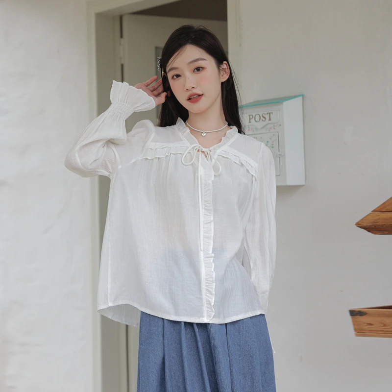 

Autumn Women's Long Sleeve V-Neck French Flare Sleeve Solid Ruffle Edge Sweet Versatile Lace Up Chiffon Shirt Blouse Tops A398