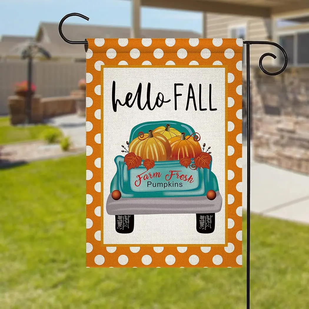 Флаг садовый Hello Fall Оранжевые тыквы в горошек для грузовика маленькие сезонные