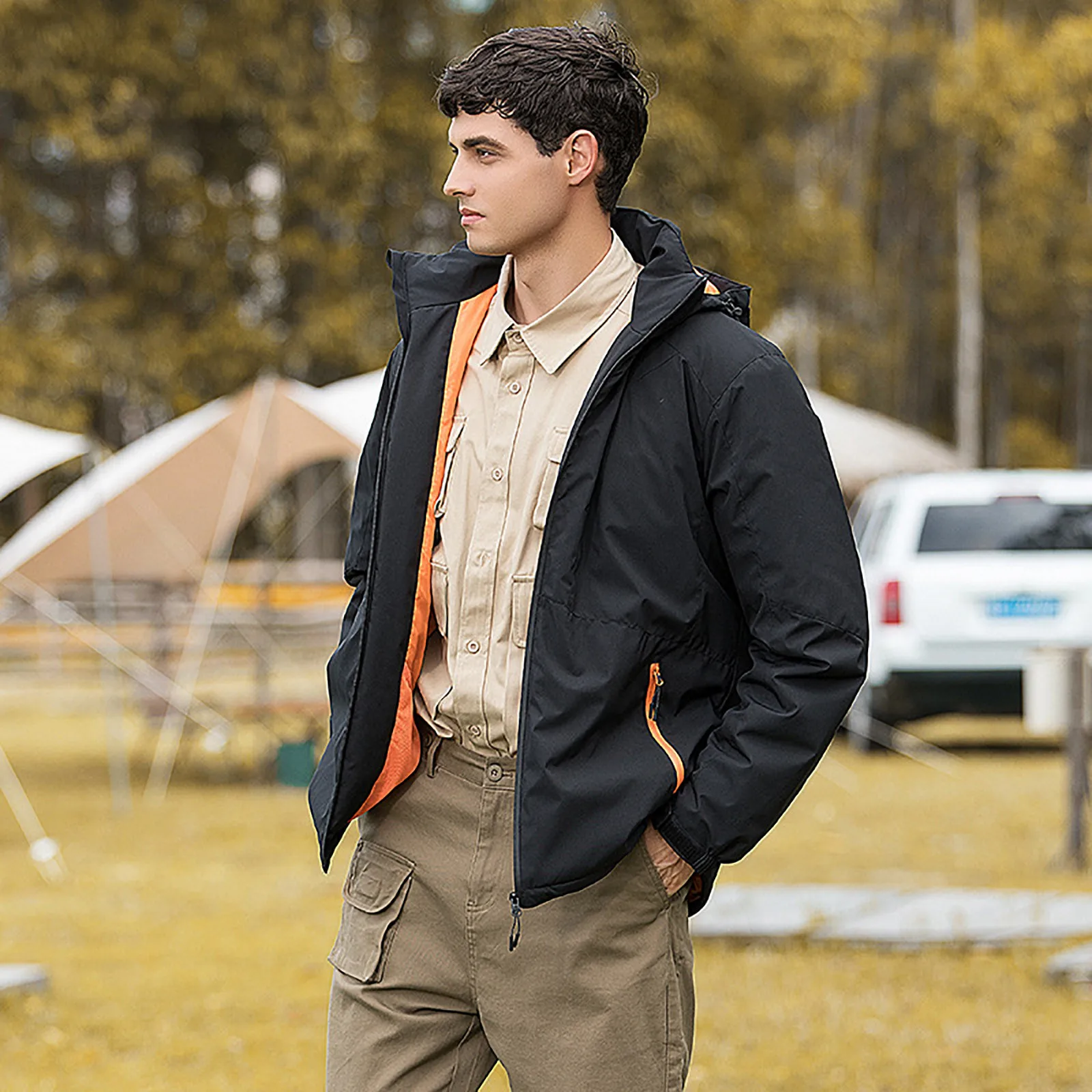 

Мужская уличная куртка с капюшоном, однотонная плотная куртка со съемным капюшоном и карманами, осенняя и уличная ветровка, спортивная одежда