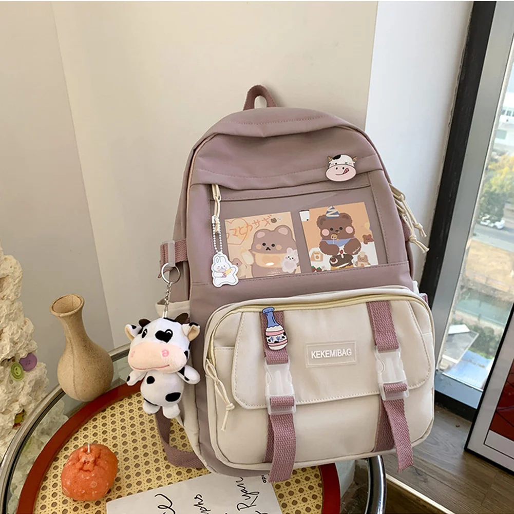 

Preppy Style Large Capacity Students School Bags Casual Canvas Female Backpack Patchwork Women Knapsack with Card Badge