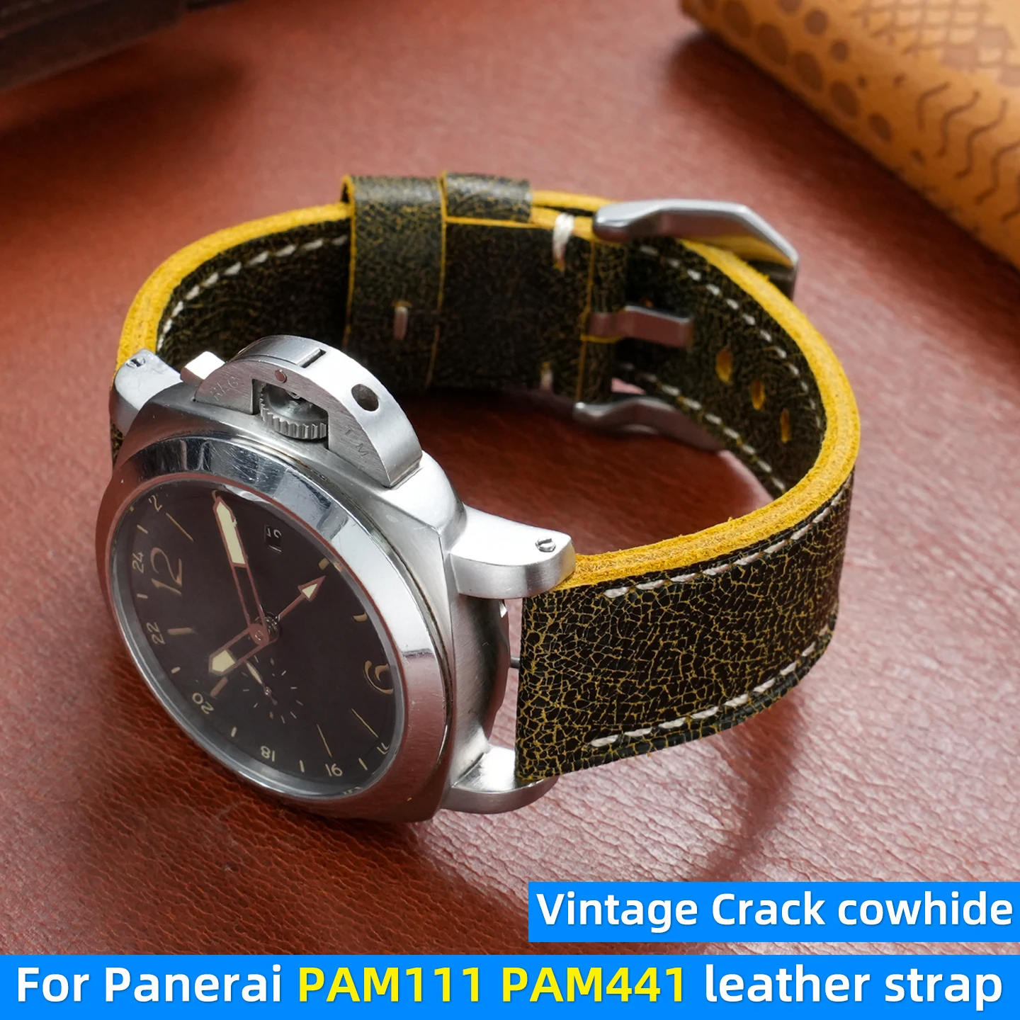 Фото Винтажный кожаный ремешок Crazy Horse 24 мм 26 мм для Panerai PAM111 PAM441 серии Luminor, мужской ремешок для часов из воловьей кожи, аксессуары №1