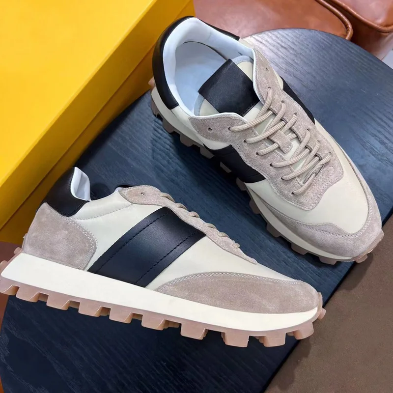 

Men's 25k Canvas And Suede Panelled Lace-Up Running Sneakers 2022 Designer Eye-catching Pebble Non-slip Sole