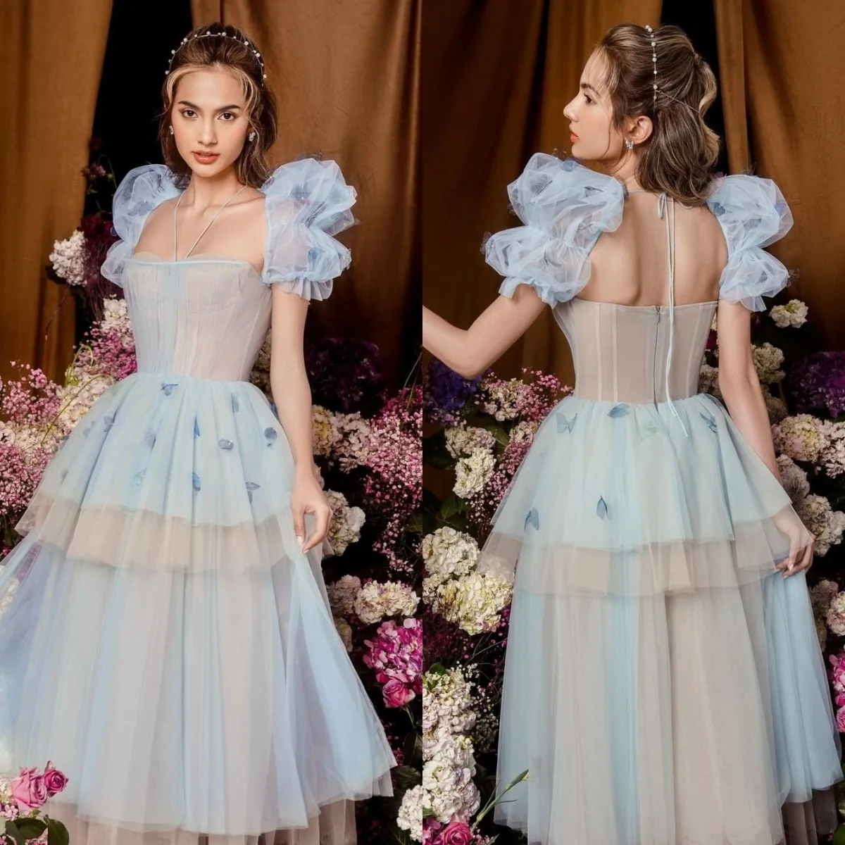 

Light Blue Ankle Length Prom Dresses Gowns Square Collar Beaded Party Evening Dress Tiered Appliques Custom Made Celebrity Gown