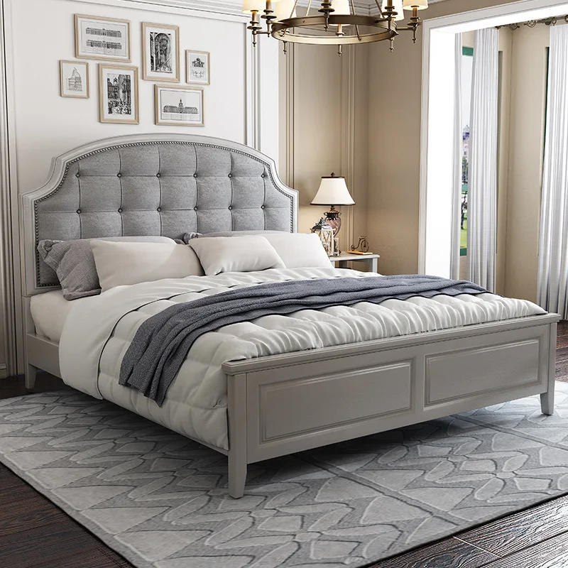

American 1.5m bed simple solid wood double bed soft wrapped head bed high box bed master bedroom furniture adult wedding bed