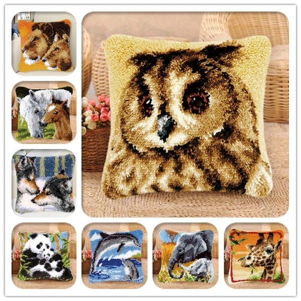 

Hot Sale Owl/Tiger/Wolf/Lion/Panda/Horse Pattern Latch Hook Kits for DIY Throw Pillow Cover Sofa Cushion Cover