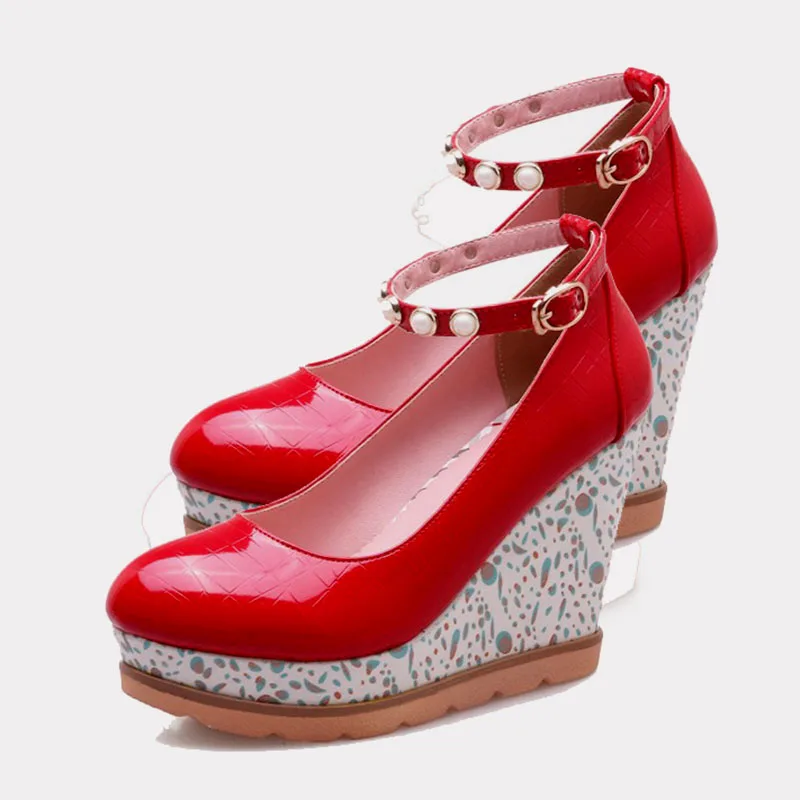 

EAGSITY Patent Leather wedges heel shoes women pumps round toe ankle strap party wedding high heel shoes casual slingback