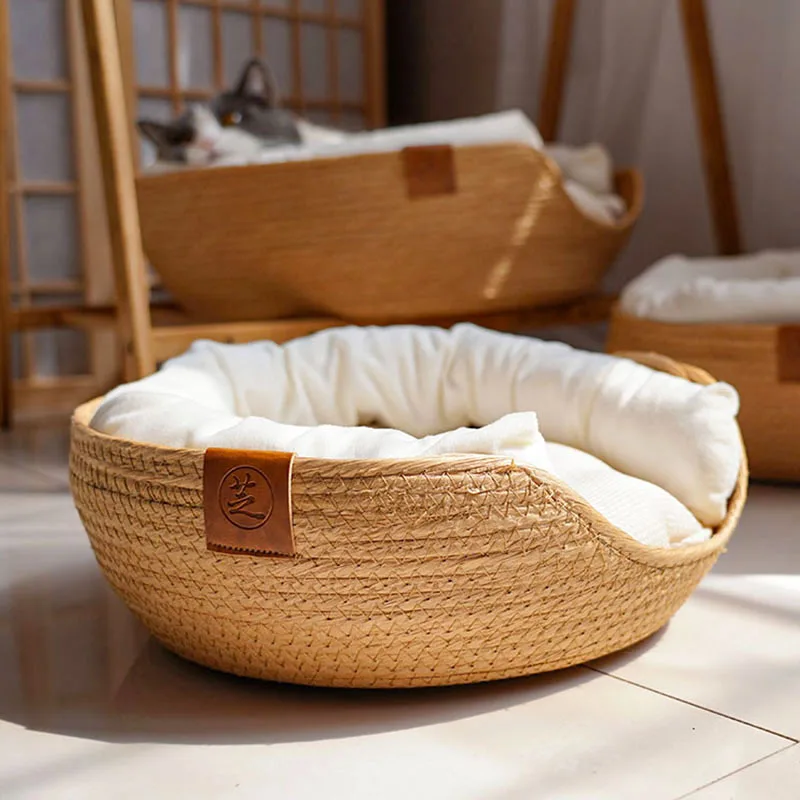 

Cozy Cushion Waterproof Mat Fashion Sleeping House Dog Bed Baskets Handmade Sofa Removable Weaving Season Nest Pet Four Bamboo