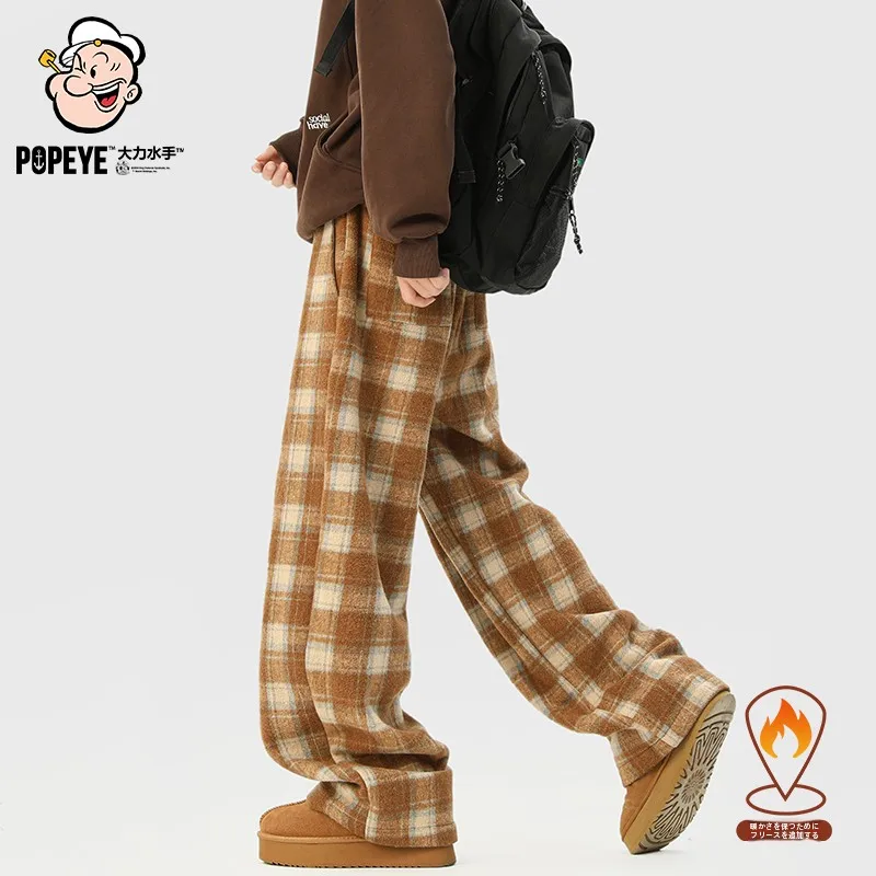  Fashion Brand Retro Plaid Fleece-lined Warm Casual Pants Men Winter Couple Loose Straight Wide Leg Cotton-padded