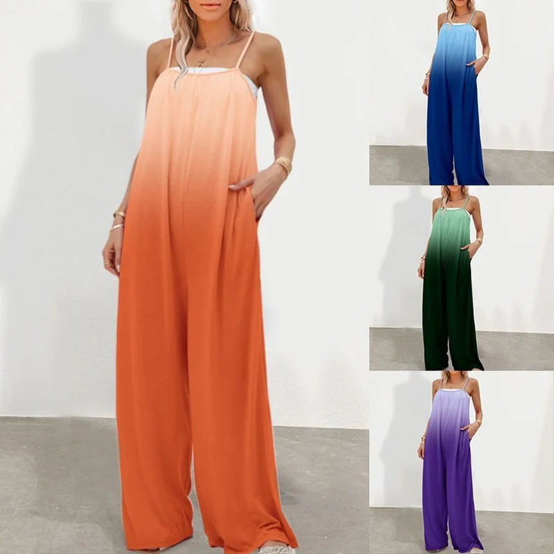 

2022 Summer New Gradient Loose Jumpsuit Women's Suspender Casual Versatile Loose Sleeveless High Waist Jumpsuit Wide Leg Pants