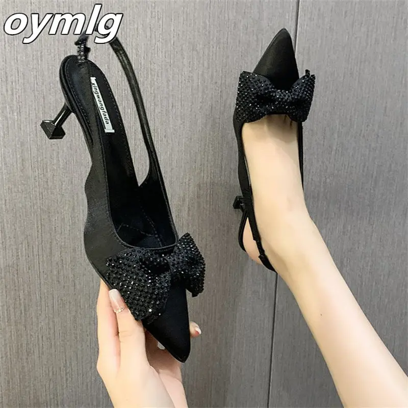 

2023 Fashion High Heel Shoes Women's Fine Heel Temperament Celebrity Slippers Autumn Pointed Shoes Bowknot Baotou Sandals
