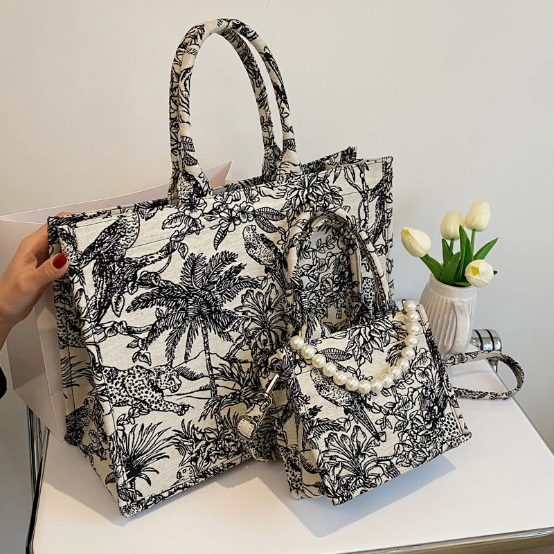 

Роскошная дизайнерская сумочка 3 атрибута, брендовые сумки с верхними ручками, жаккардовый шоппер с вышивкой, Пляжная женская сумка через плечо, сумка-тоут